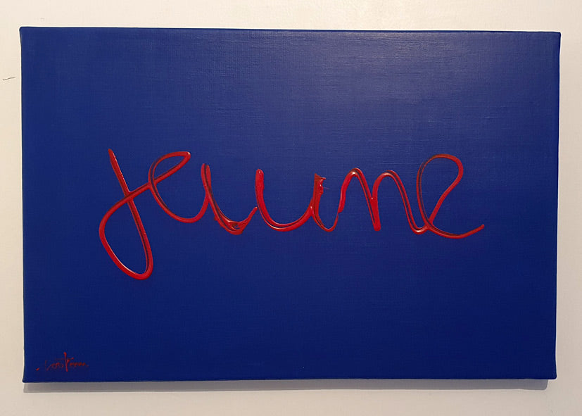 Le-mot-jaune-ecrit-en-rouge-sur-fond-bleu-41x27-cm