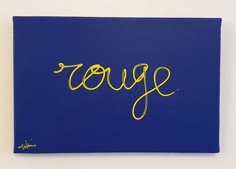 Le-mot-rouge-ecrit-en-jaune-sur-fond-bleu-41x27-cm