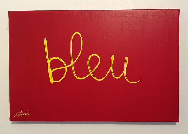 Le-mot-bleu-ecrit-en-jaune-sur-fond-rouge-41x27-cm